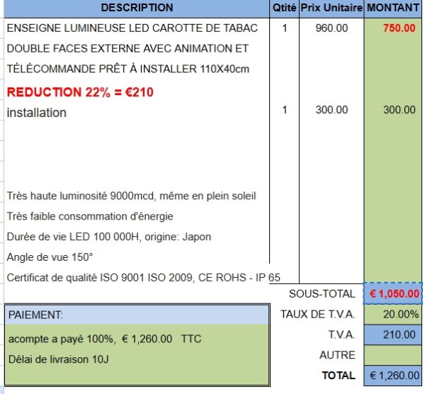 CRM 6361 - ENSEIGNE LUMINEUSE LED CAROTTE DE TABAC  110X40cm - 100%