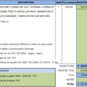 CRM 6379 - ENSEIGNE LUMINEUSE LED “JOURNAL LUMINEUX” INTERNE PRÊT À INSTALLER AVEC ANIMATION ET TÉLÉCOMMANDE, FABRICATION SUR MESURE, 32x100 cm