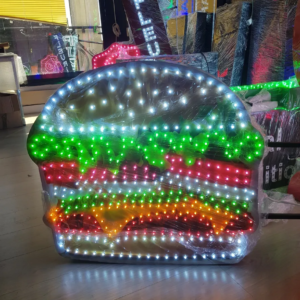ENSEIGNE LUMINEUSE LED 1 FACES “BURGER” EXTERNE PRÊT À INSTALLER AVEC ANIMATION ET TÉLÉCOMMANDE 70x70cm